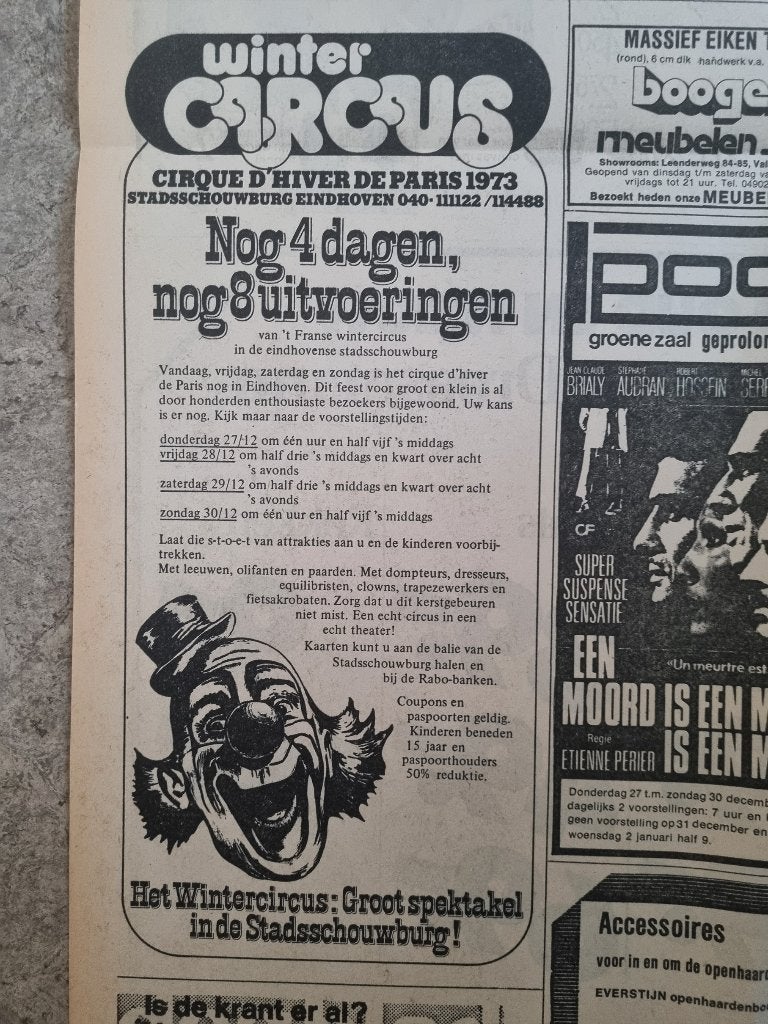Advertentie Winter circus Cirque d'Hiver Eindhoven (1973), Verzamelen, Tijdschriften, Kranten en Knipsels, Ophalen of Verzenden