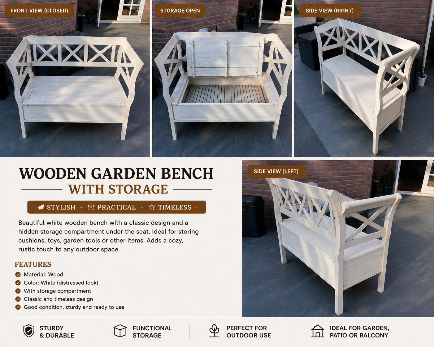 Wooden Garden Bench with Storage Box | Rustic White, Tuin en Terras, Tuinsets en Loungesets, Ophalen of Verzenden, Zo goed als nieuw