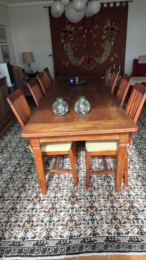 Stamtafel groot 2,80x 1,00x 80, Ophalen of Verzenden, Gebruikt, Retro stijl van recycled teakhout., 8 stoelen of meer