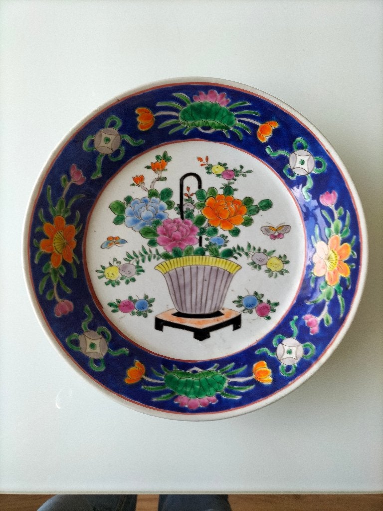 Vintage Chinees Porseleinen sier bord met mand met bloemen, Ophalen of Verzenden