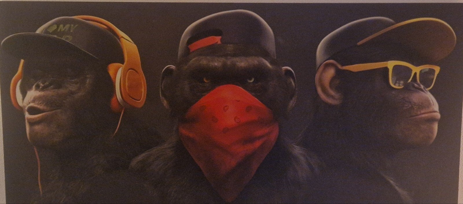 Stoere alum. wanddeco Urban Apen Horen Zien Zwijgen 150x70, Ophalen of Verzenden, Zo goed als nieuw, 125 cm of meer, Schilderij
