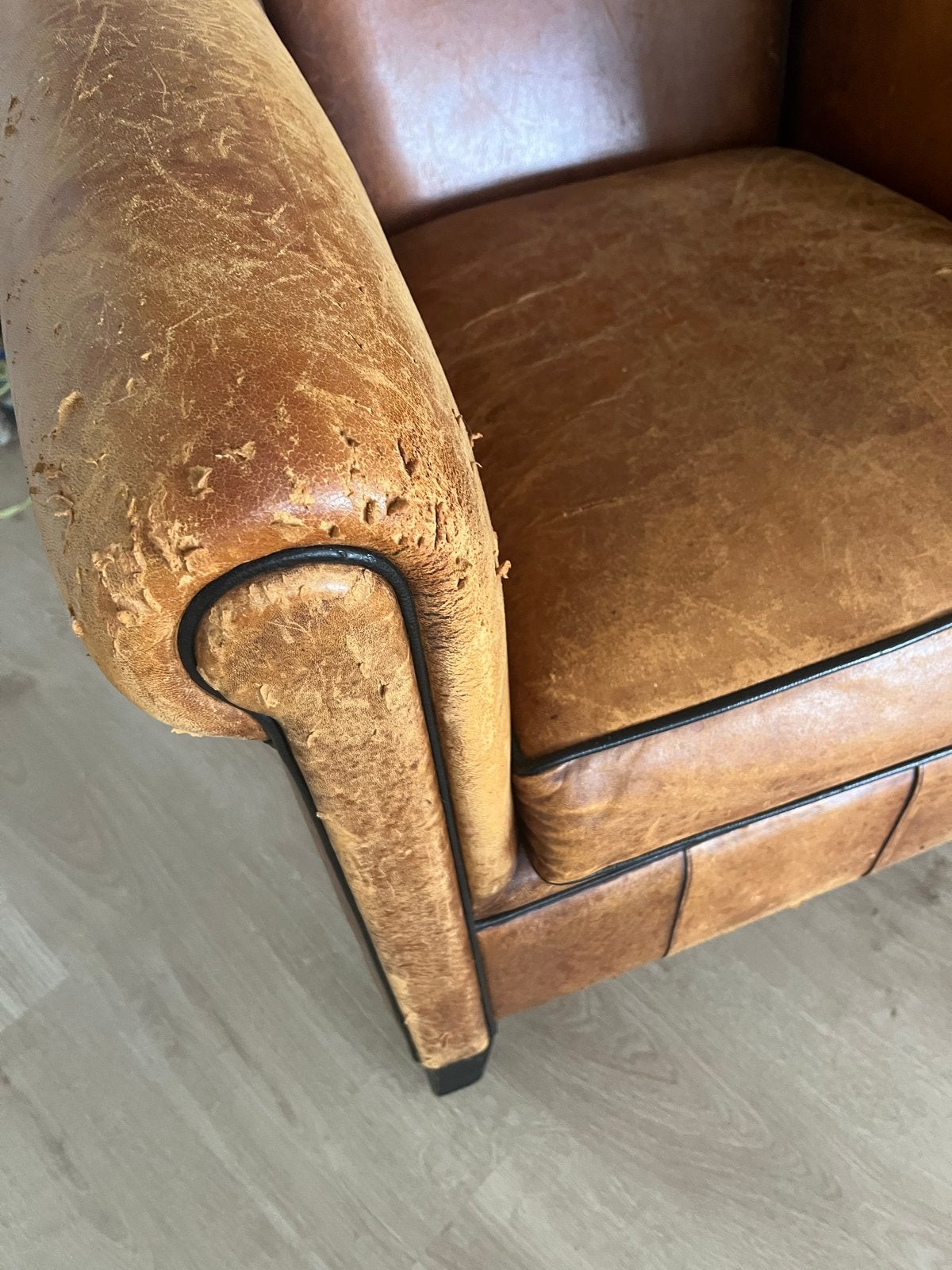 Vintage Schapenleren Clubfauteuil Cognac - Kattenkrabbels, Ophalen, Gebruikt, Leer, 75 tot 100 cm