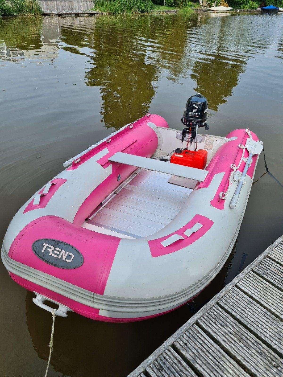 Roze rubberboot met aluminium bodemplaat en Mercury motor, Watersport en Boten, Aluminium, Gebruikt, Ophalen of Verzenden, Buitenboordmotor