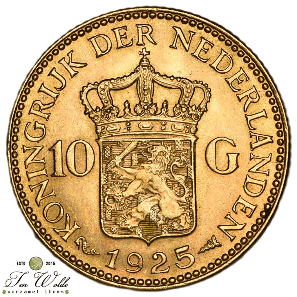 Nederland 10 Gulden 1925 - UNC, Koningin Wilhelmina, Losse munt, 10 gulden, Goud