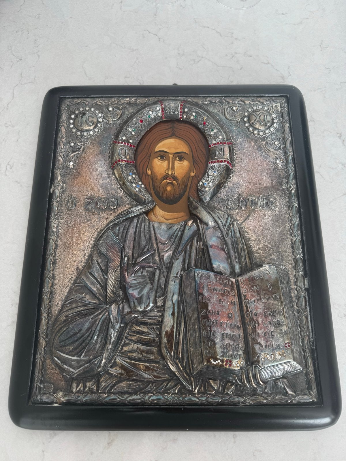 Handgemaakte Griekse Icoon van Jezus Christus, Zilver 950-99, Antiek en Kunst, Antiek | Religie, Ophalen of Verzenden