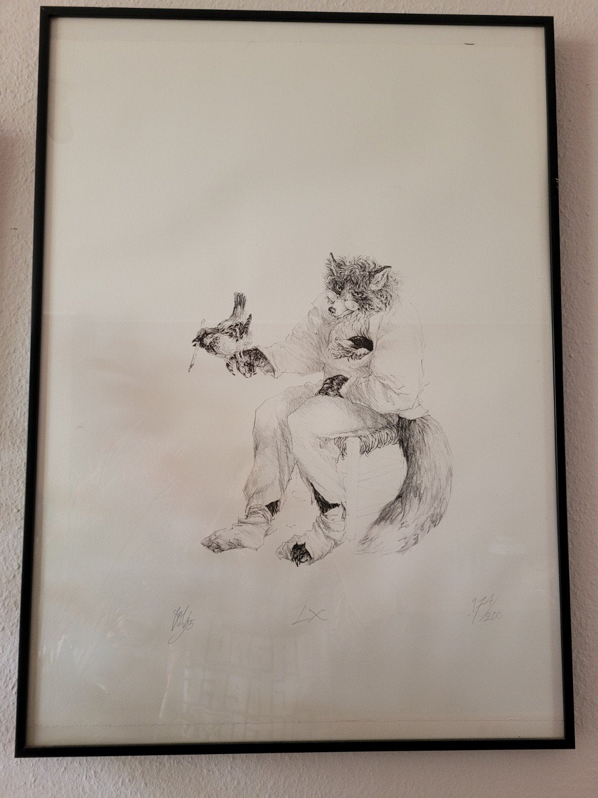 Ingelijste lithografie van Peter Vos met vogel, Antiek en Kunst, Kunst | Tekeningen en Foto's, Ophalen of Verzenden
