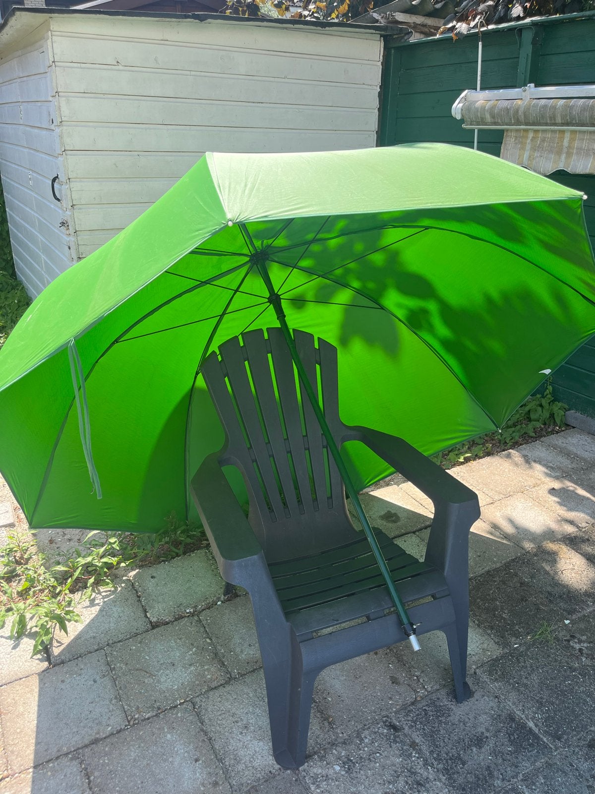 Groene vissersparasol, Ophalen, Gebruikt, 2 tot 3 meter, Stokparasol