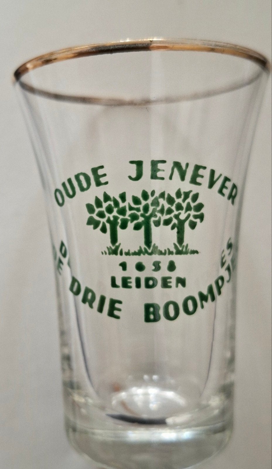 De Drie Boompjes Leiden oude jever glaasje (46), Verzamelen, Ophalen of Verzenden, Overige typen