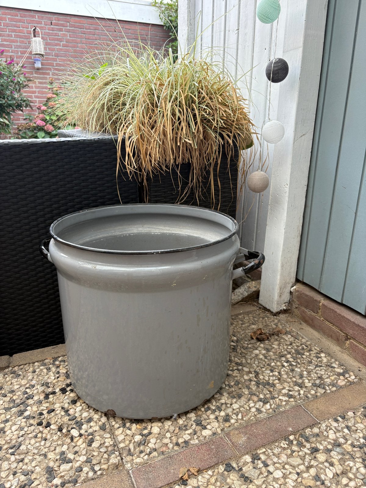 Emaille pot blauw grijs, Ophalen, Gebruikt, Minder dan 60 cm, Rond
