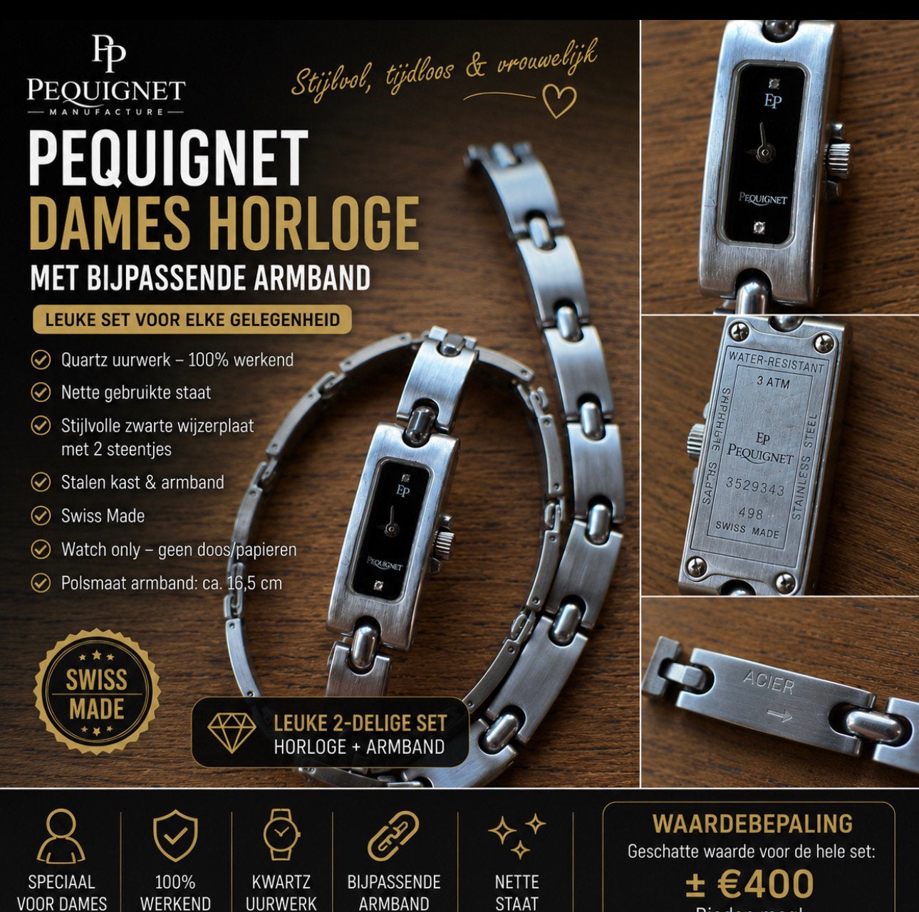 PÉQUIGNET DAMES HORLOGE + ARMBAND – MOOIE SET, Ophalen of Verzenden, Gebruikt