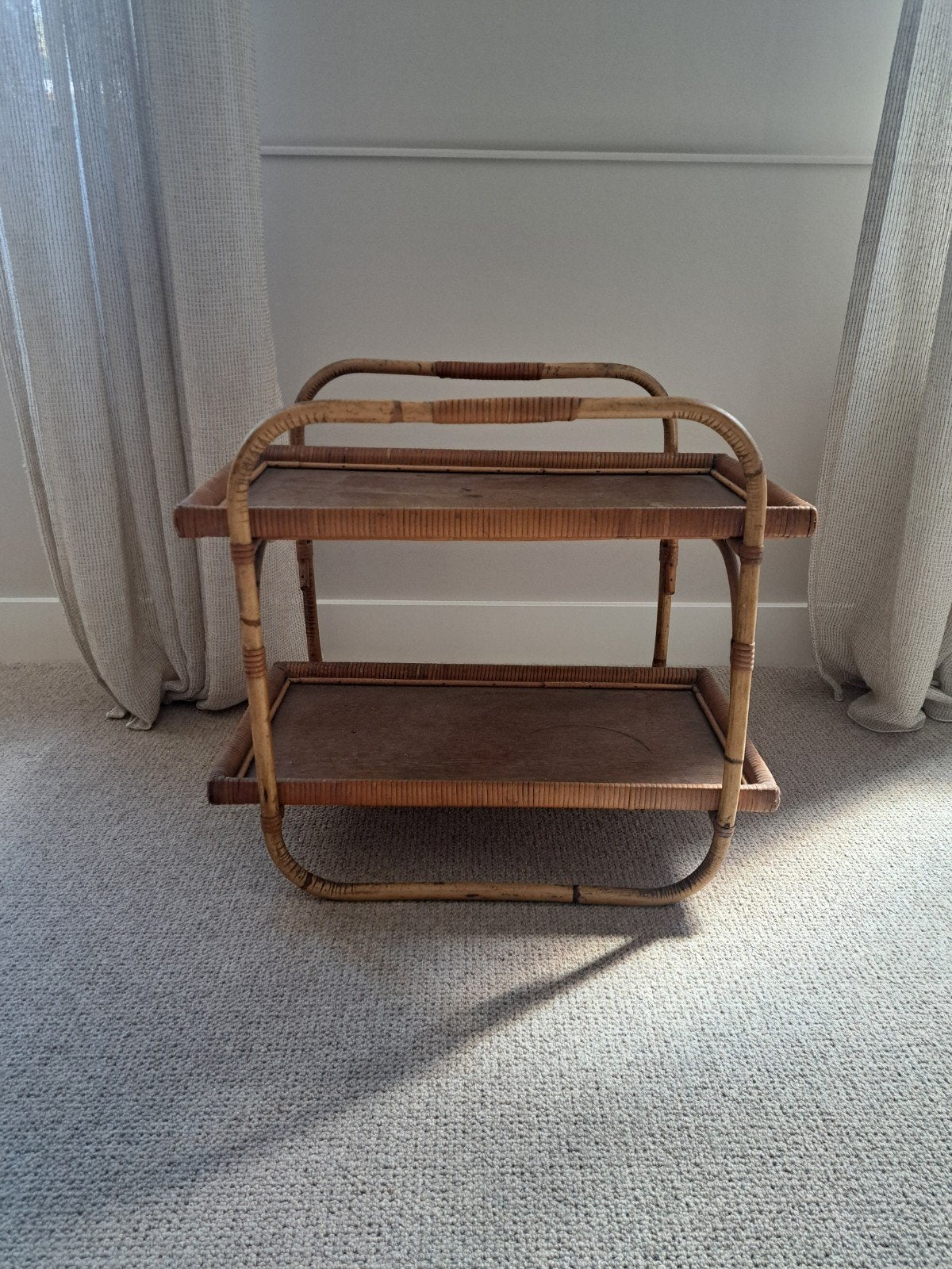 Vintage bamboe/rotan serveerwagen, Ophalen, Gebruikt, Rechthoekig, Vintage / mid century