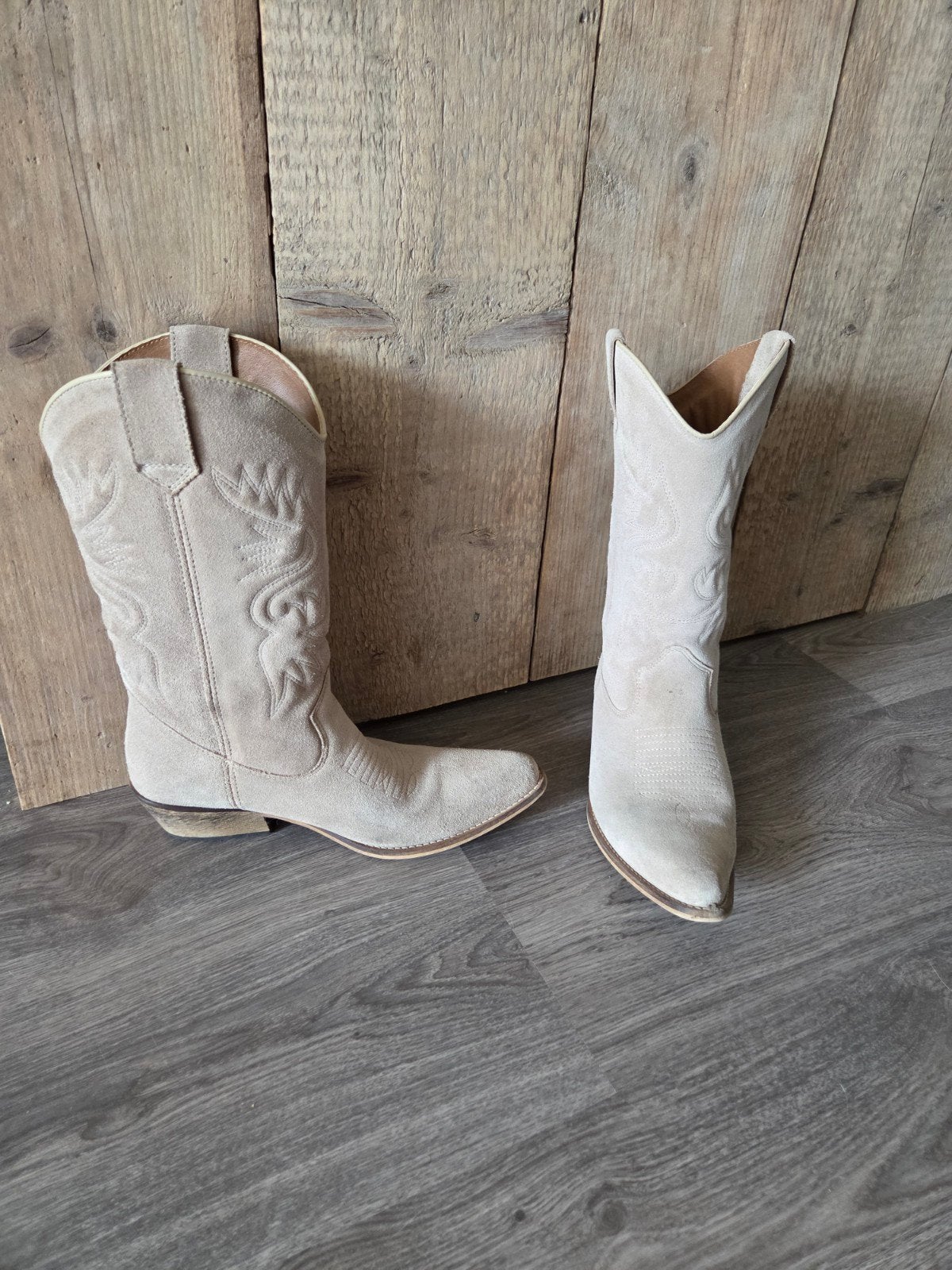 cowboy laarzen leer  beige maat 40, Ophalen, Hoge laarzen, Beige, Zo goed als nieuw