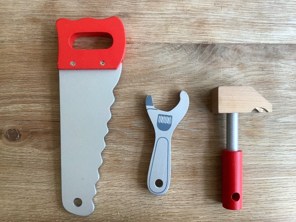 Houten gereedschap set - Zaag, moersleutel, hamer, Ophalen of Verzenden, Zo goed als nieuw, Overige typen