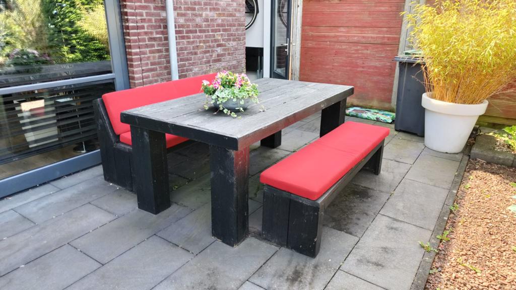 Steigerhouten tuinset met banken en loungebank, Tuin en Terras, Tuinsets en Loungesets, Ophalen, Gebruikt, 6 zitplaatsen, Steigerhout