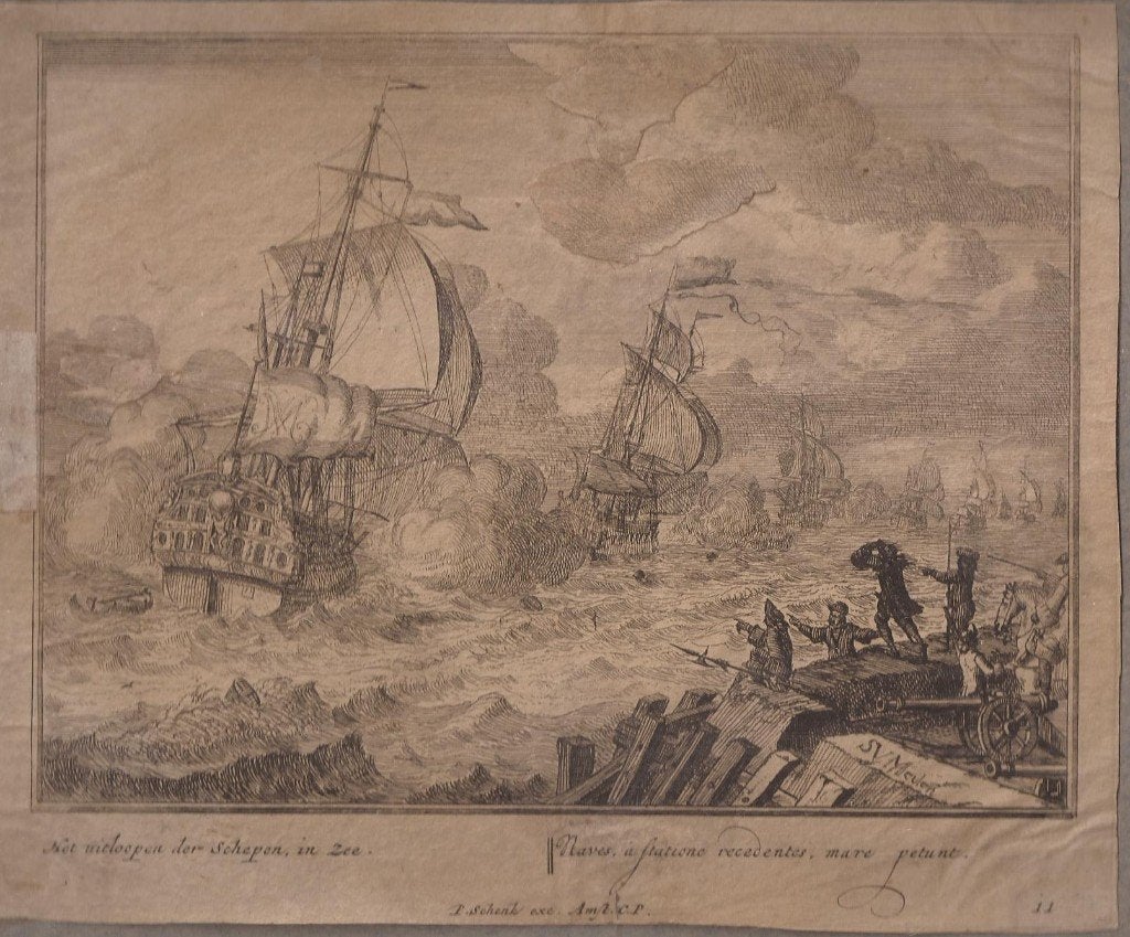 Het uitloopen der Schepen, in zee / Naves, a statione recede, Origineel, Militair, Ophalen of Verzenden, Gravure