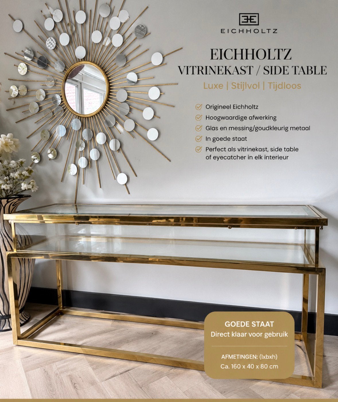 Eicholtz sidetable goud, 100 tot 150 cm, Ophalen of Verzenden, Zo goed als nieuw, 25 tot 50 cm