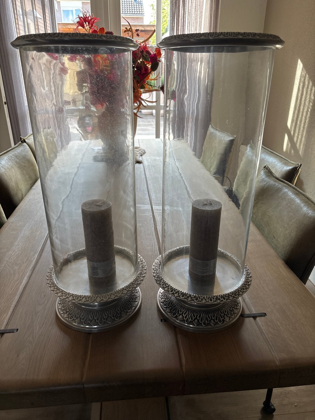 Set van 2 grote windlichten met zilverkleurige voet, Windlicht, Gebruikt, Overige merken, Ophalen of Verzenden