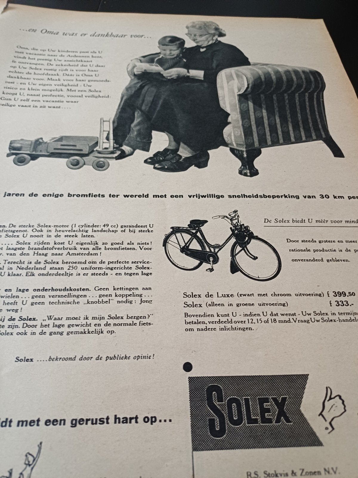 advertentie van Solex bromfiets oma 1956, Verzamelen, Ophalen of Verzenden, Zo goed als nieuw, Overige typen