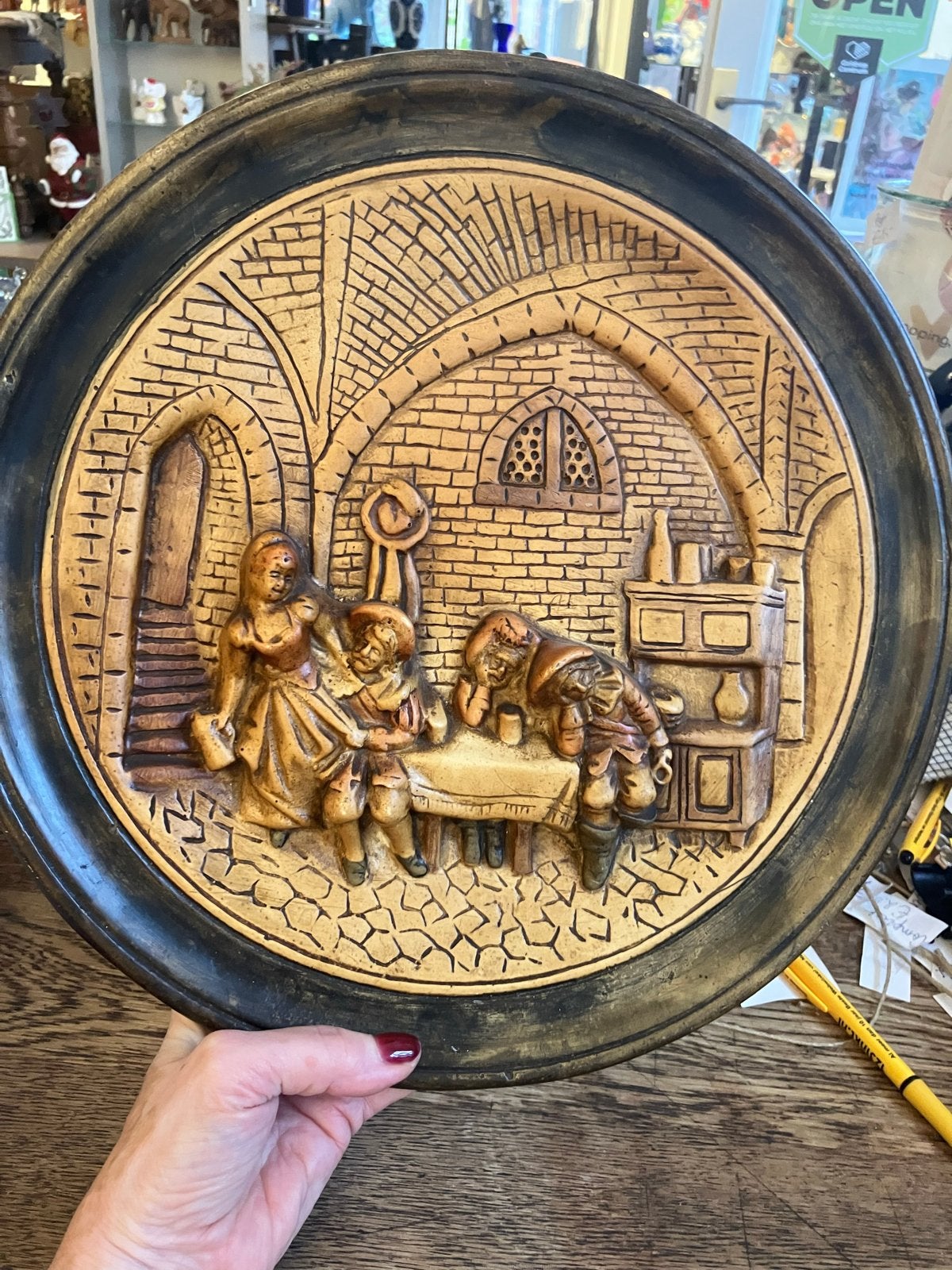 Vintage Wanddecoratie Reliëf Plaat - Herberg Scène, Antiek en Kunst, Ophalen of Verzenden
