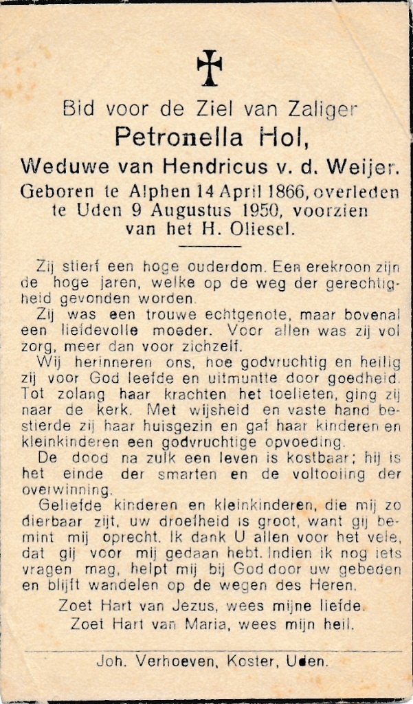 Hol Petronella 1866 Alphen 1950 Uden, Ophalen of Verzenden, Bidprentje