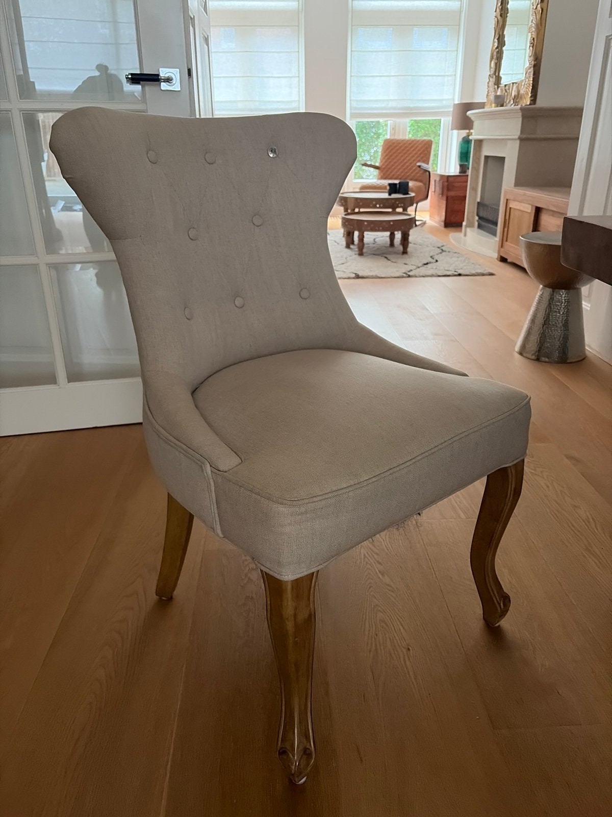 4 Riviera maison eetkamerstoellen Beige stof, Huis en Inrichting, Ophalen, Overige kleuren, Zo goed als nieuw, Eén