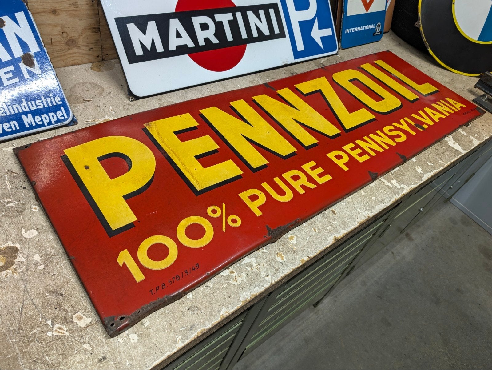 emaille bord Pennzoil olie, Ophalen, Gebruikt, Reclamebord