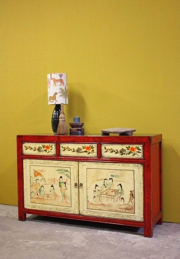 Uniek Vintage Style Houten Dressoir Kleurrijke Chinese Kast, Ophalen of Verzenden, Nieuw, Boho Kleurrijk Stoer Vintage Landelijk Oosters Uniek Gekleurd