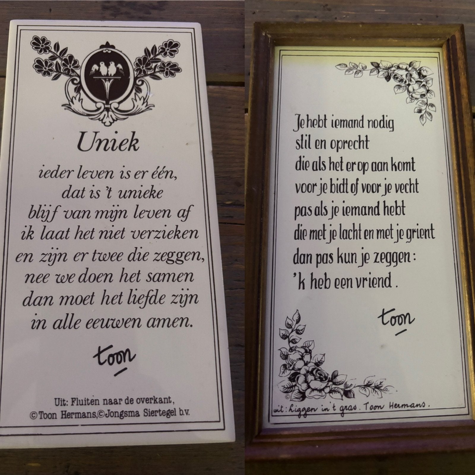 2x spreuk/gedicht tegel Toon Hermans p/s 7,5€ samen 10€, Huis en Inrichting, Woonaccessoires | Tekstborden en Spreuken, Ophalen of Verzenden