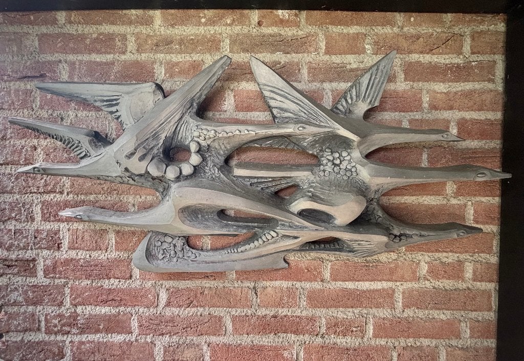 Grote Ars Munda wandsculptuur met vogels – brutalistisch, Wanddecoratie, Composieten, Vogel, Beschilderd