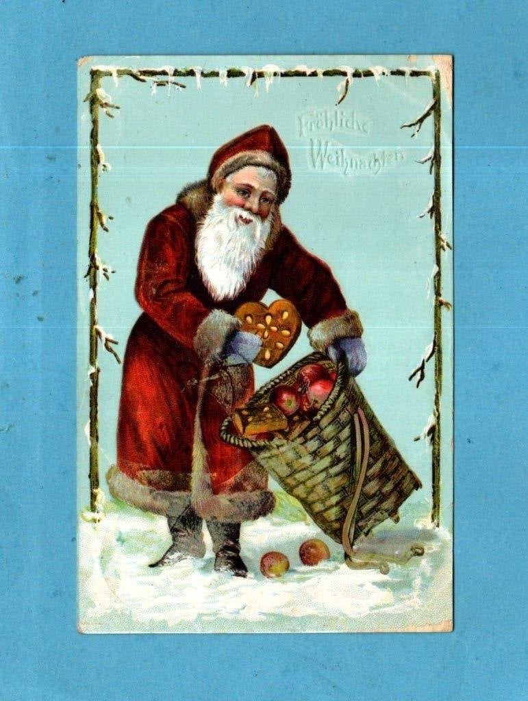 Pracht oude kerstkaart W106 - Santa met mand vol lekkers, Verzenden, Voor 1920, Gelopen, Feest(dag)