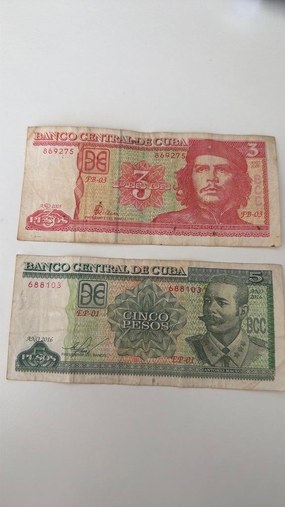 Biljetten 5 en 3 Cubaanse Peso, Ophalen, Zuid-Amerika