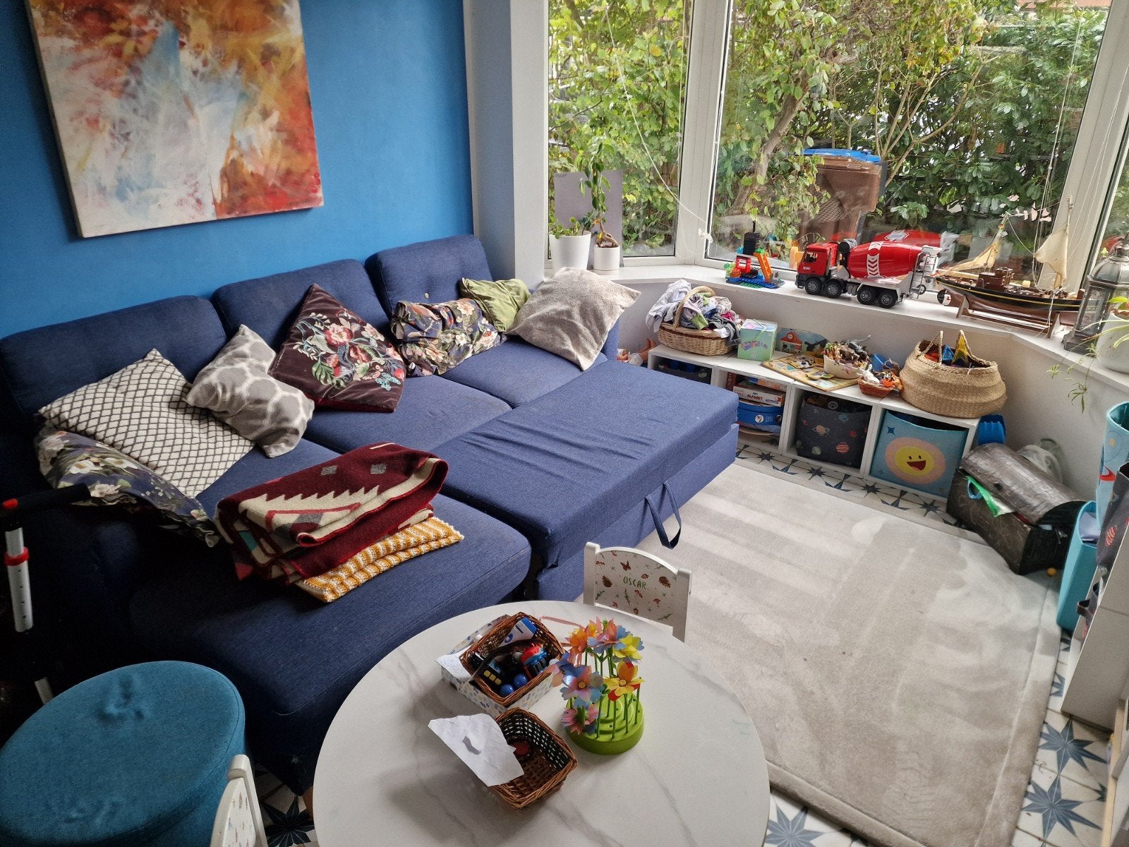 Hoekbank met slaapfunctie en opbergruimte - 225cm, Huis en Inrichting, Ophalen, Gebruikt, Hoekbank, 200 tot 250 cm