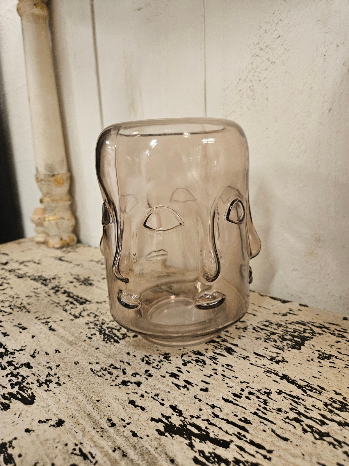 Clayre & Eef Vaas Gezichten - 18 cm - Bruin/Beige Glas, Bruin, Met patroon/structuur, Nieuw, Ophalen of Verzenden