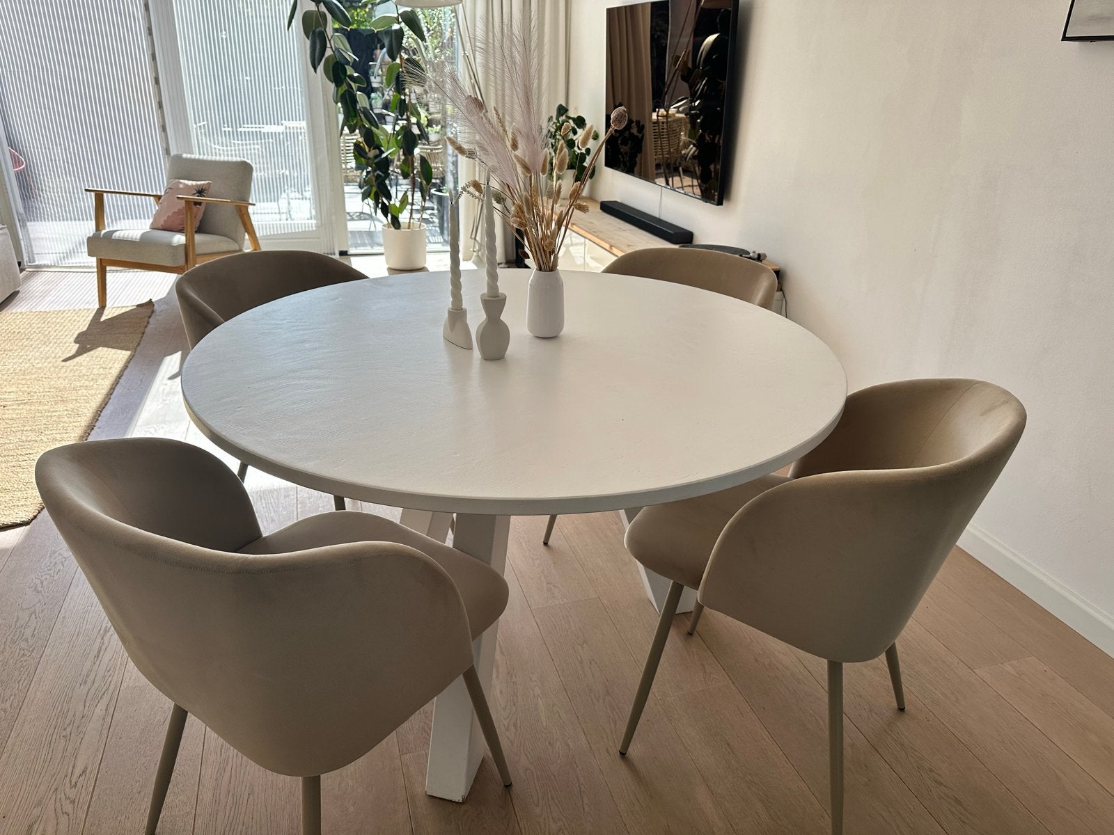 4 x beige fluwelen stoelen (Sostrene Grene), Ophalen, Gebruikt, Overige kleuren, Vier