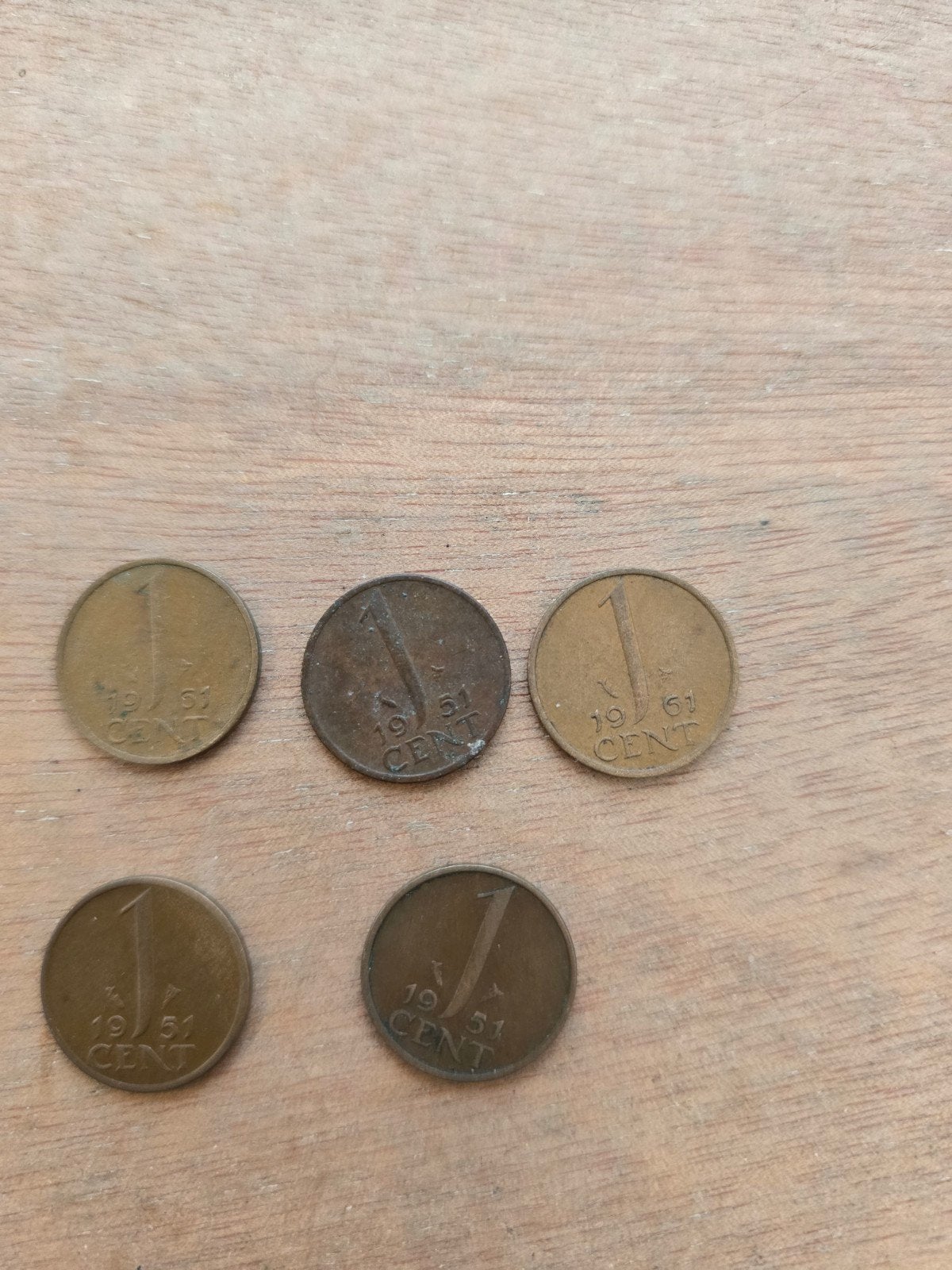 Set van 5 Nederlandse 1 cent munten uit 1951, Ophalen of Verzenden, Koningin Juliana