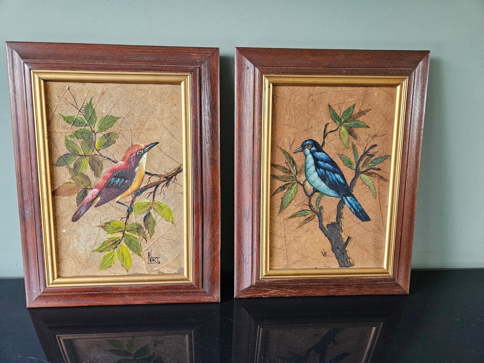 Set van 2 ingelijste schilderijen van vogels op blad, Ophalen of Verzenden