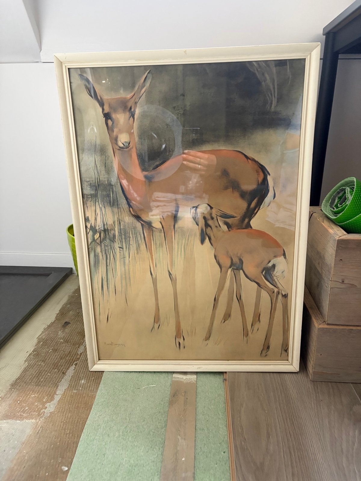 Vintage schilderij ree met kalf - 61x44 cm, Dieren, Ophalen of Verzenden, Print, Papier