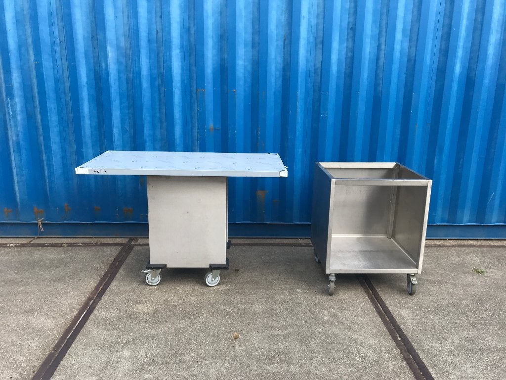 Mobiele RVS tafel onderstellen + keuze opleg blad elementen, Ophalen, Gebruikt, 50 tot 100 cm, Minder dan 100 cm