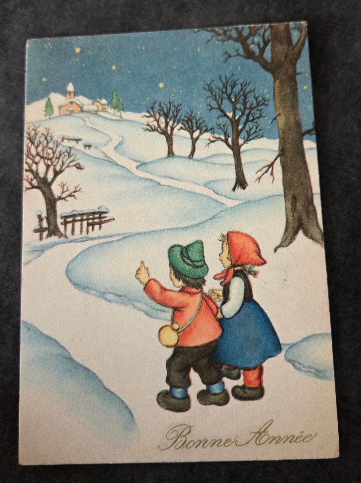 Vintage Kerstkaart 'Bonne Année' - Kinderen in de sneeuw, Verzamelen, Verzenden, Voor 1920, Ongelopen, Feest(dag)