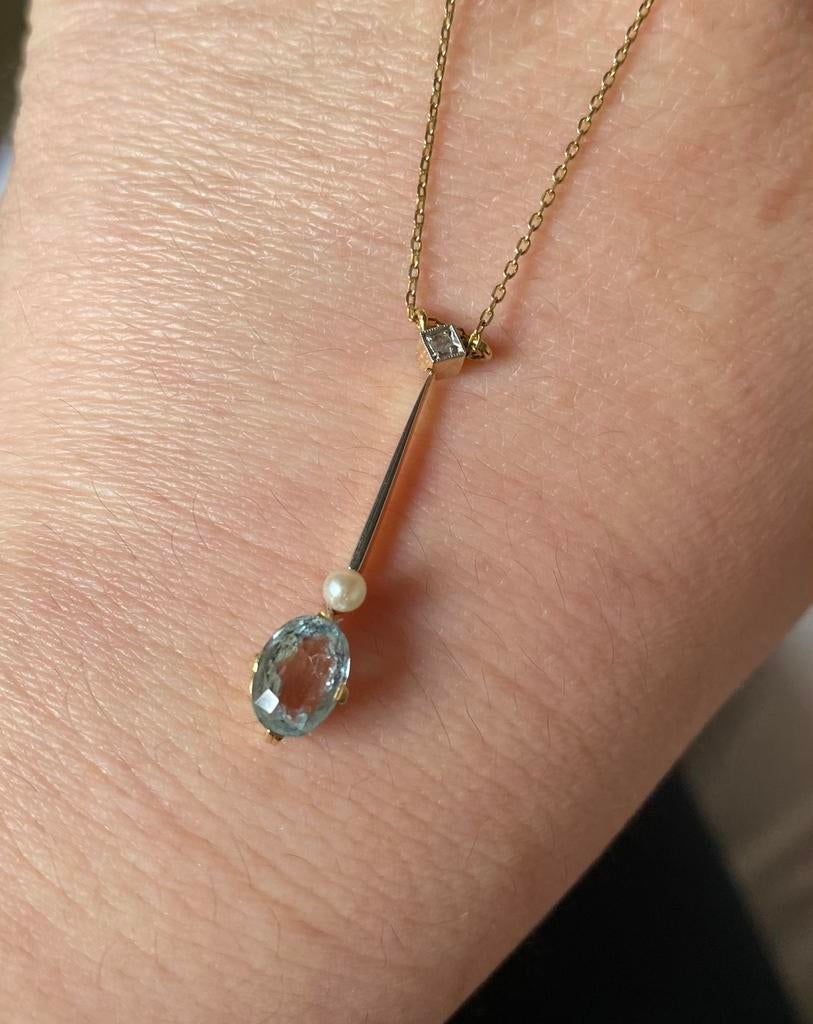 Vintage ketting goud aquamarijn parel diamant 14k goud, Sieraden, Tassen en Uiterlijk, Verzenden, Zo goed als nieuw, Goud