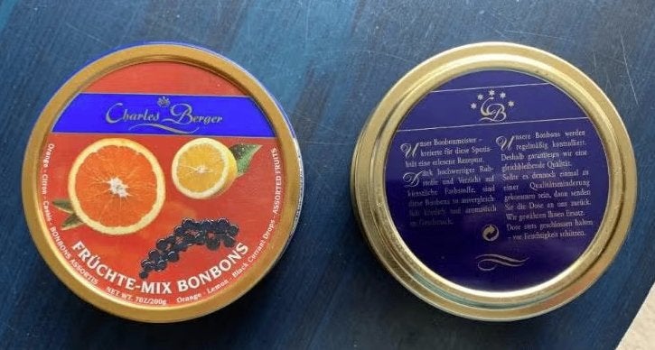 Blik Charles Berger; Fruchte-mix bonbons; 10 cm doorsnee, Verzamelen, Blikken, Ophalen of Verzenden, Zo goed als nieuw, Overige