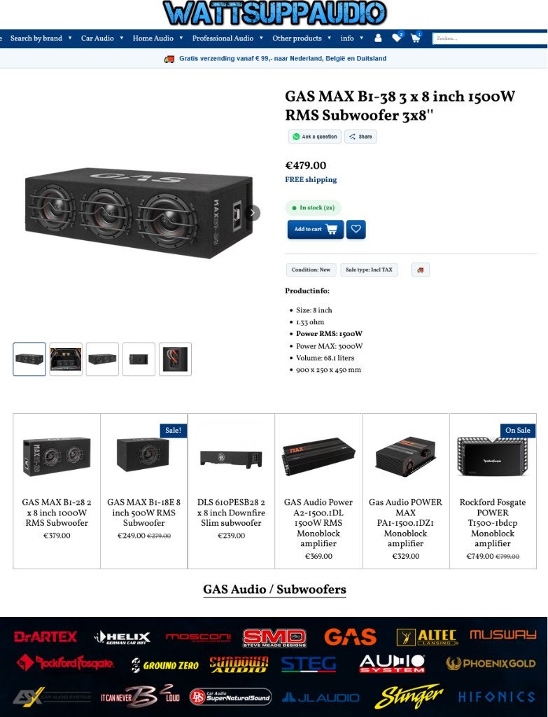 GAS MAX B1-38 3 x 8 inch 1500W RMS Subwoofer 3x8'', Info@optimount.nl, Nieuw, Ophalen of Verzenden, Anholtseweg 48A 7091 HB DINXPERLO