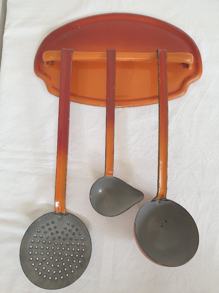 Oranje gevlamd emaille lepelrek., Ophalen of Verzenden