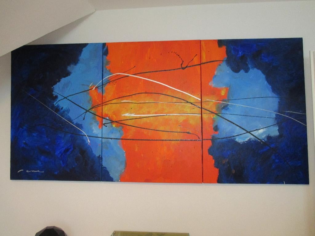 Kleurig drieluik schilderij van Rene de Groot, Antiek en Kunst, Kunst | Schilderijen | Abstract, Ophalen