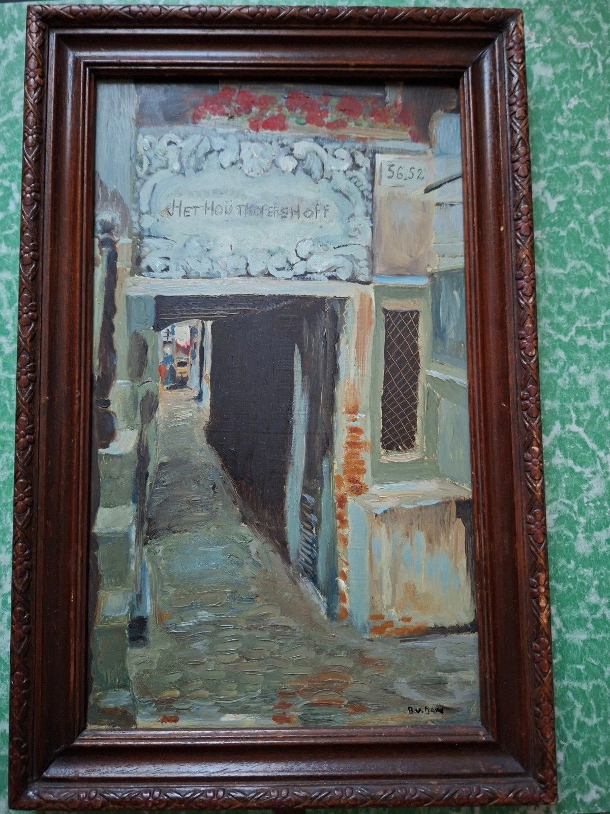 schilderij in lijst en op hout Amsterdam Het Houtkopershoff, Overige ondergronden, Ophalen of Verzenden, Olieverf, Origineel werk