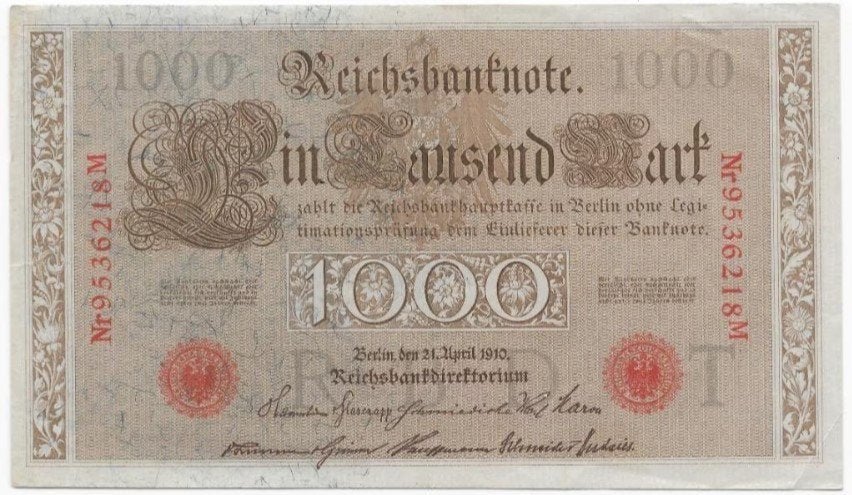 1000 Mark 1910 Reichsbanknote; two red seals 18M, Postzegels en Munten, Bankbiljetten | Europa | Niet-Eurobiljetten, Verzenden