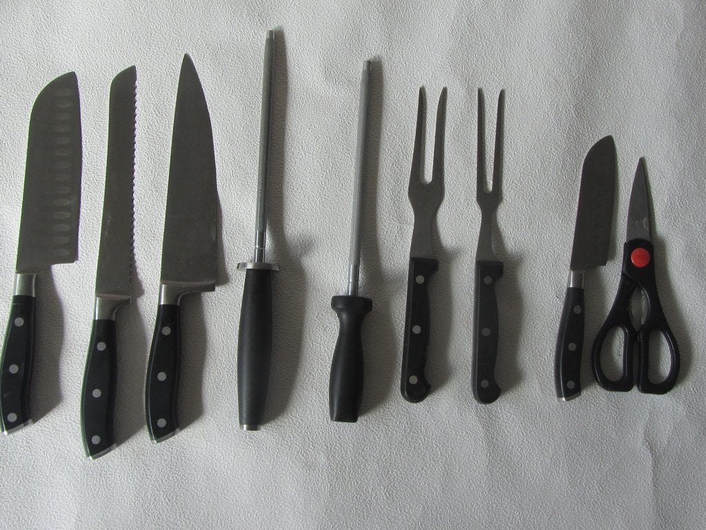 Keuken messenset in houder, Gebruikt, Bestekset, Ophalen of Verzenden, Rvs of Chroom