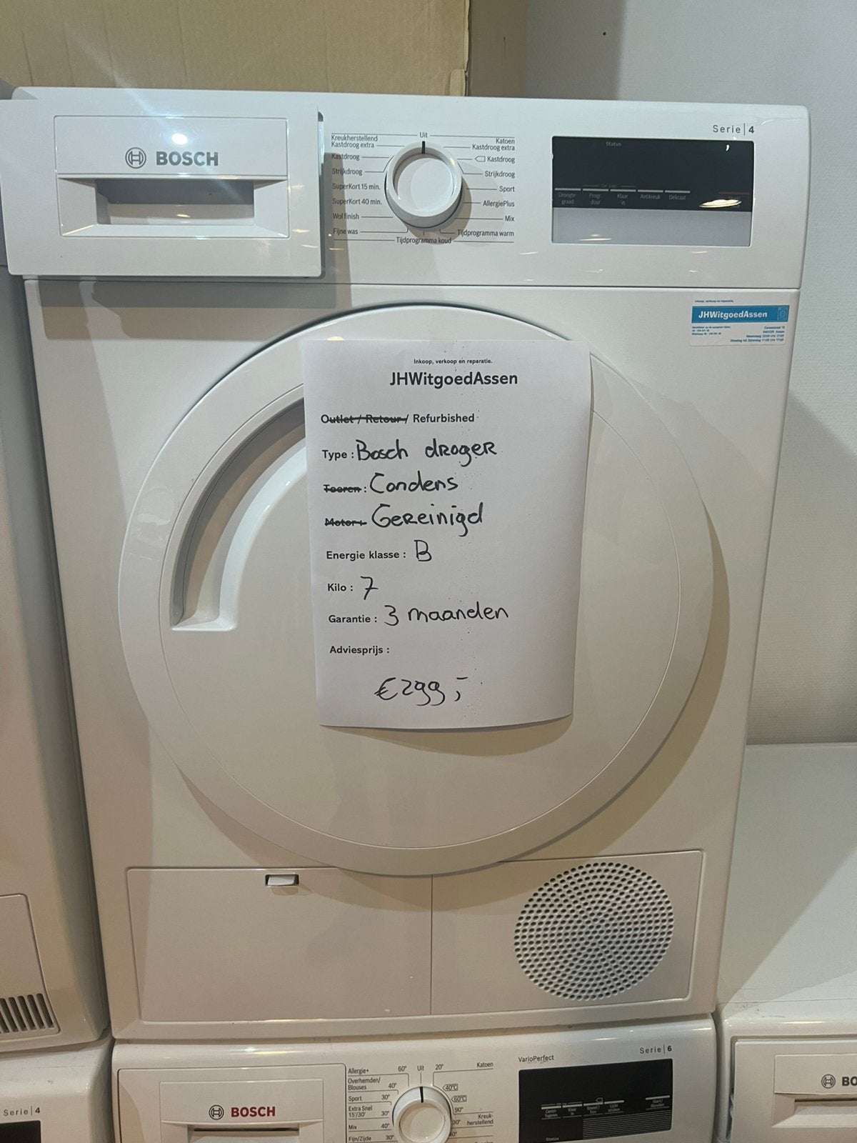 Bosch Serie 4 condensdroger- 7kg, B-label energie., 6 tot 8 kg, Jhwitgoedassen, Anti-kreukfase, Ophalen of Verzenden
