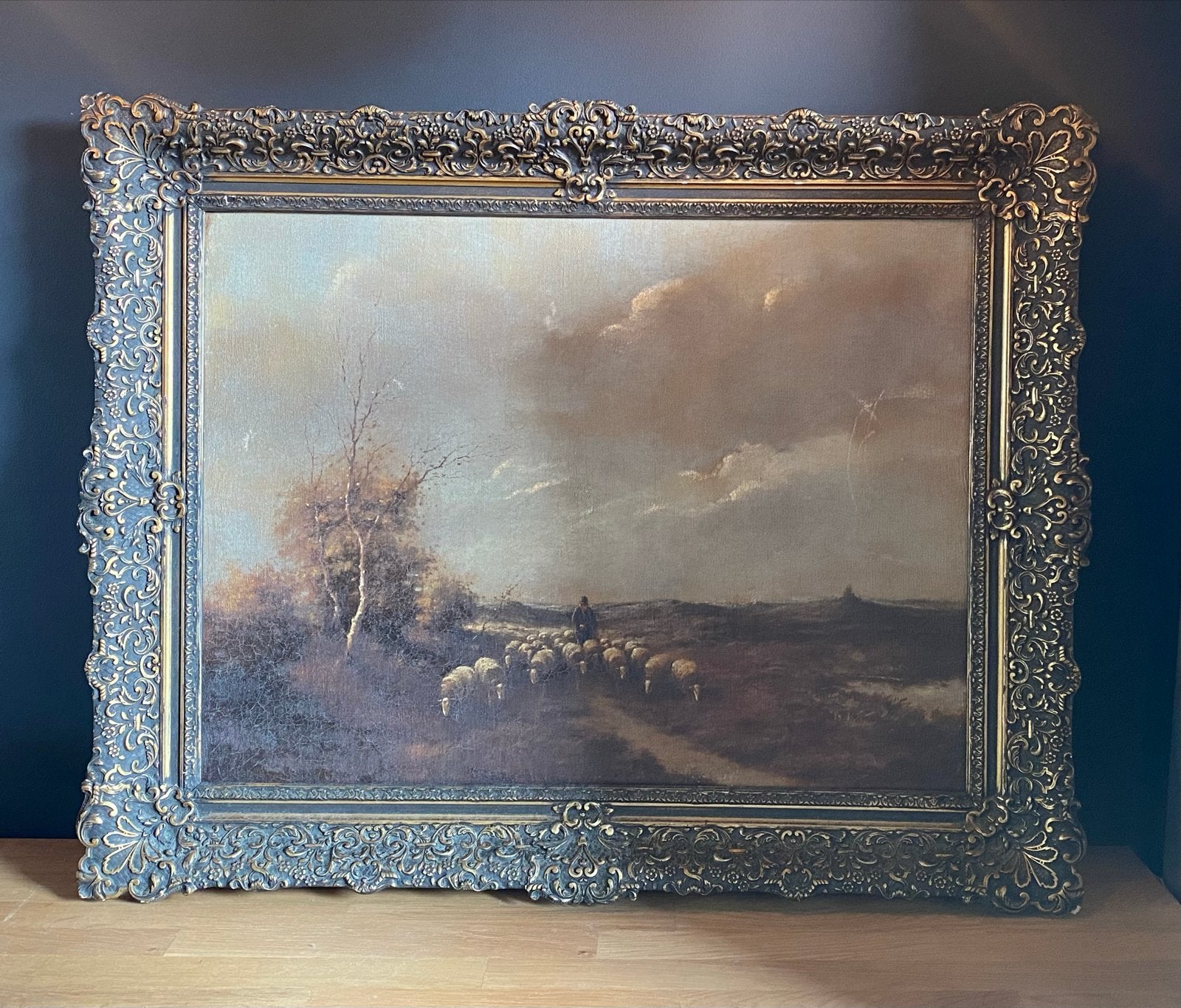 Klassiek Landschap Schilderij met Herder en Schapen, Ophalen of Verzenden, Klassiek, Bijzondere lijst, Landschap