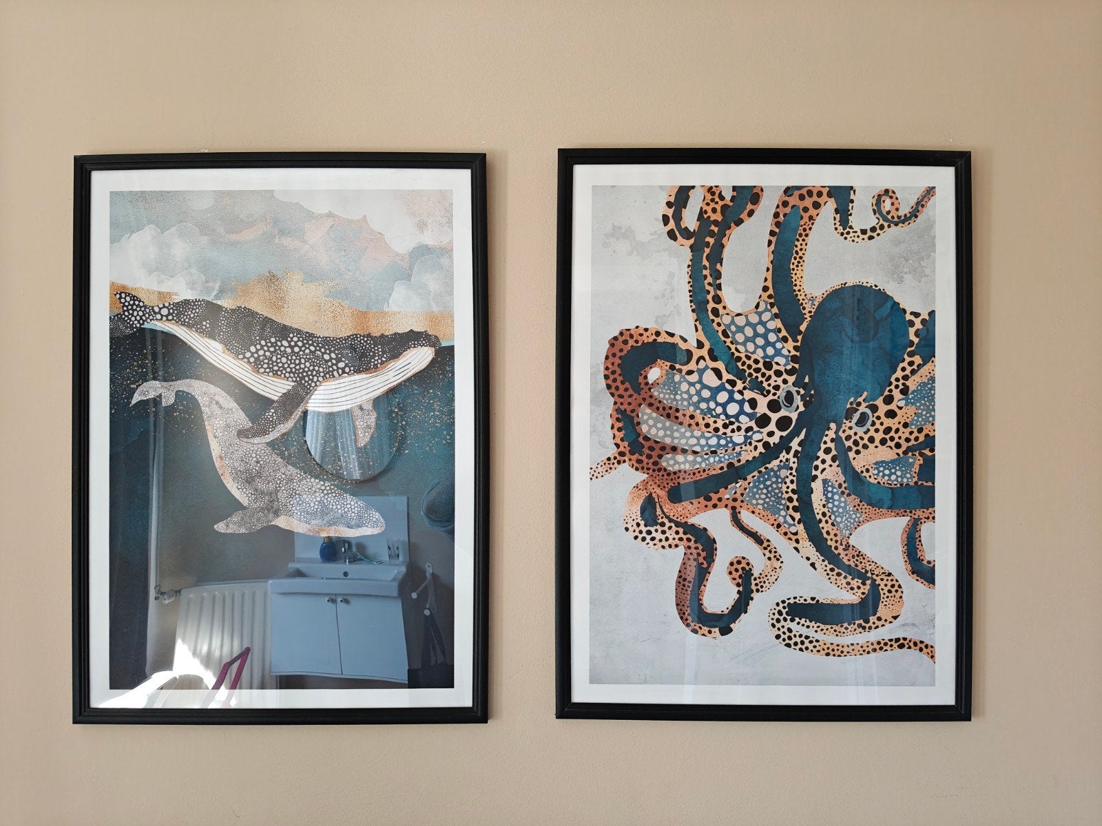 Set van 2 ingelijste prints: walvissen en octopus, Ophalen, 50 – 75, 50 tot 75 cm, Print